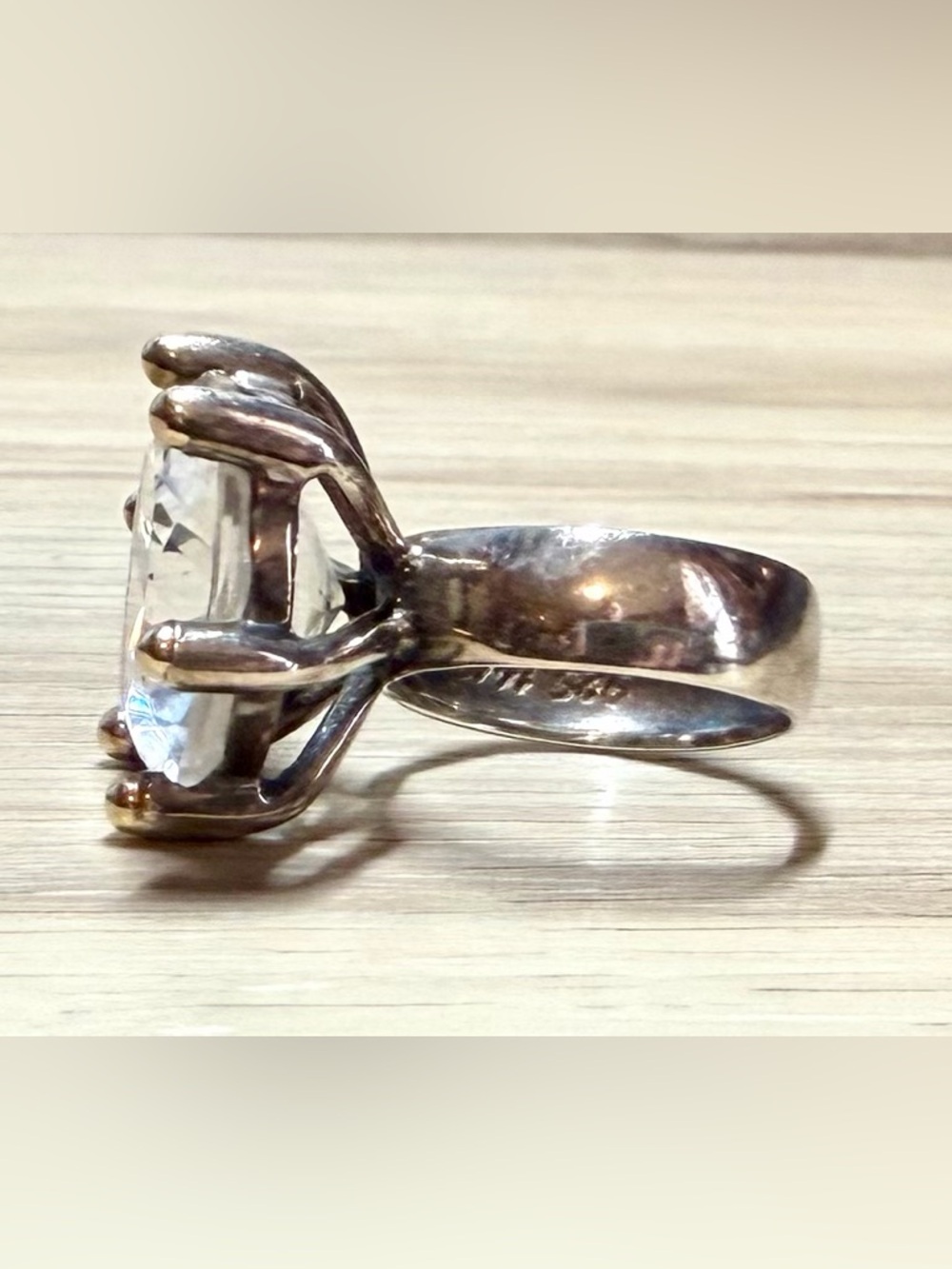Designer YAM Israel Sterling Silver & 14K Gold Clear Natural Stone Ring, Size 5 - Picture 3 of 11